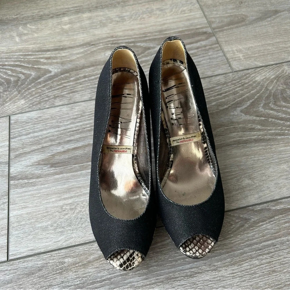 Pepe Marni Snakeskin Fabric Mixed Peep Toe Platform  Pumps - Picture 3 of 14